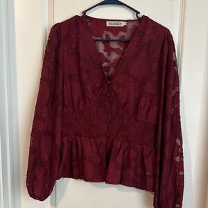 Red Ruffled Tie Front Long Sleeve Blouse